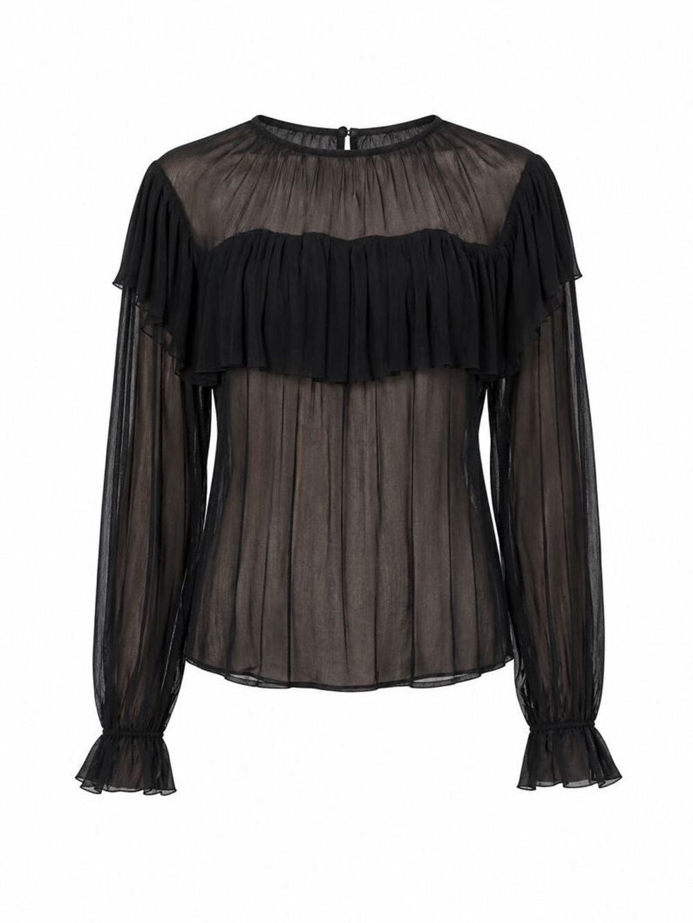 Maje - Black Sheer Ruffled Chiffon Long Sleeve Blouse - Size 2 (Gently Used)